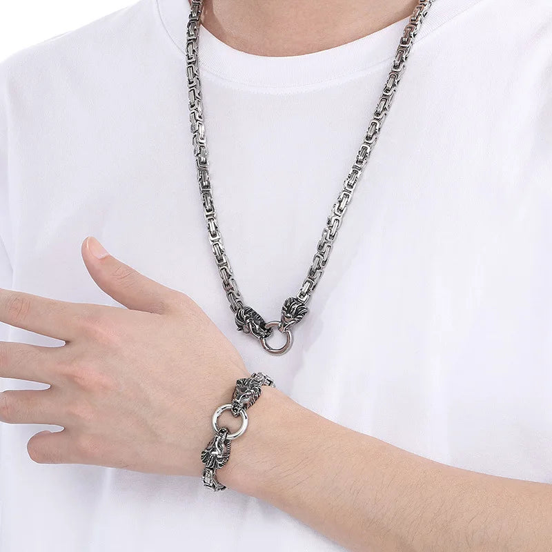 REBEL CY Hip-Hop Style Bold Lion Head Stainless Steel Bracelet Trendy Versatile Men's Imperial Chain Necklace Set Jewelry