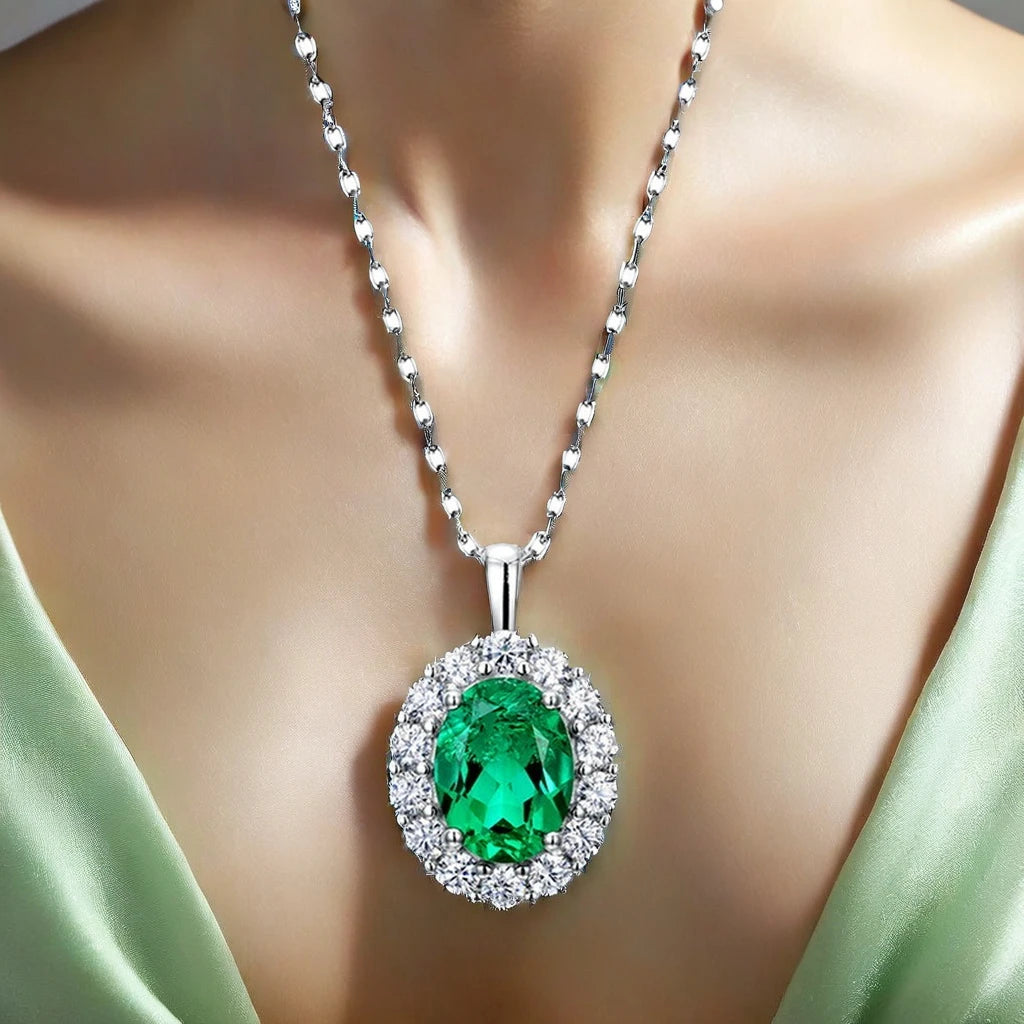 Oval Shape Vintage 925 Sterling Silver 1ct  Lab Grown Emerald Pendant Necklace Lab Grown Diamond Necklace for Gift