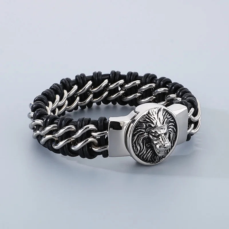 REBEL Fashion Mens Fashion Punk Stainless Steel Bracelet Lion/Wolf Link Chain Bracelet