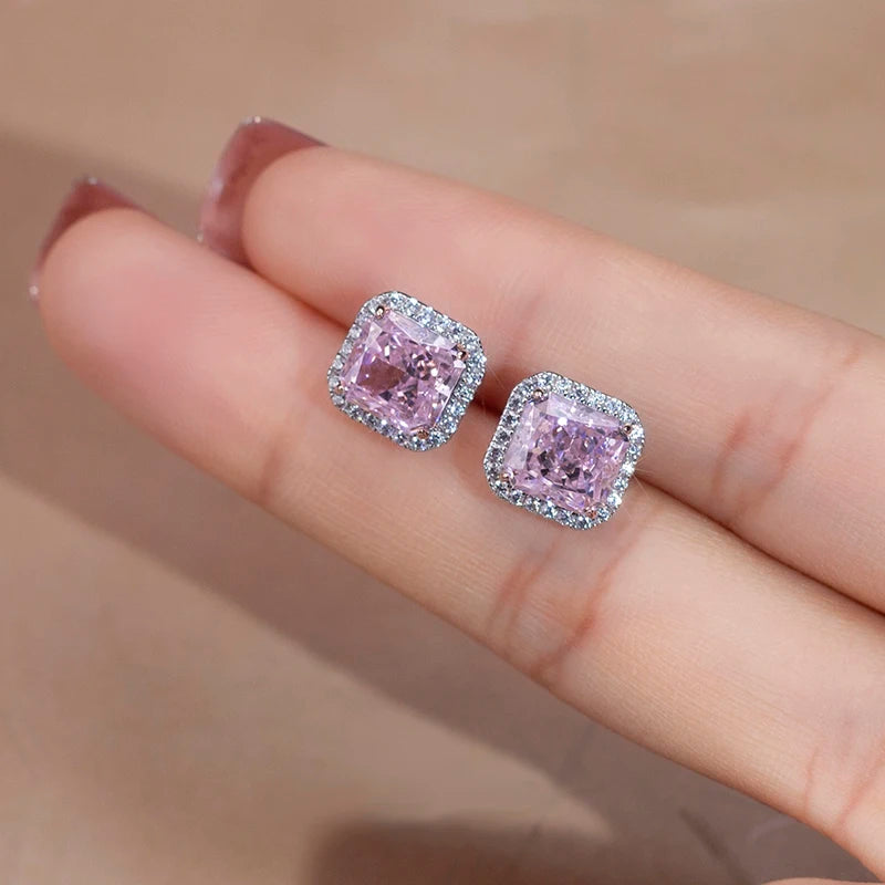 Messi Jewelry MSE-601  Silver 4CT Pink High Carbon Cubic Zircon Radiant Cut Fine Jewelry Earrings for Dating or Wedding