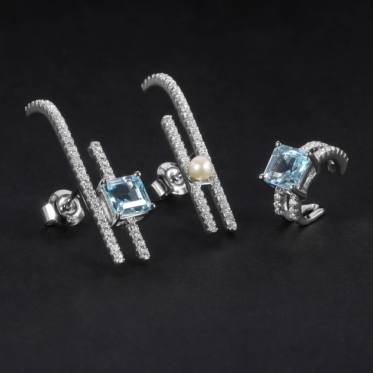 ArtistA C5789 Abiding Fine Jewelry Stylish Sky Blue Topaz Freshwater Pearl Gemstone H Shape 925 Sterling Silver Earrings Set