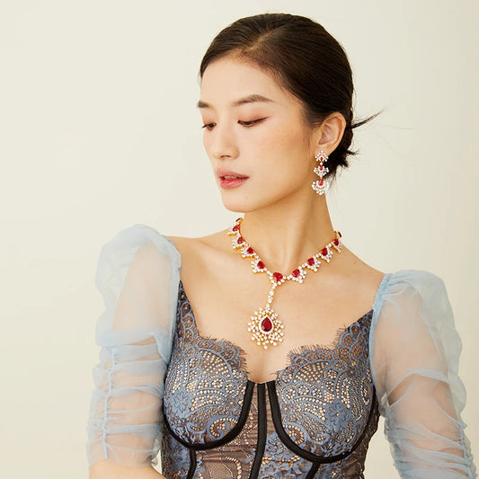 High-End Women's Gold Plated Water Droplet Necklace Earrings Set Exquisite Luxury Dress Accessories Inlaid Zirconium Gift