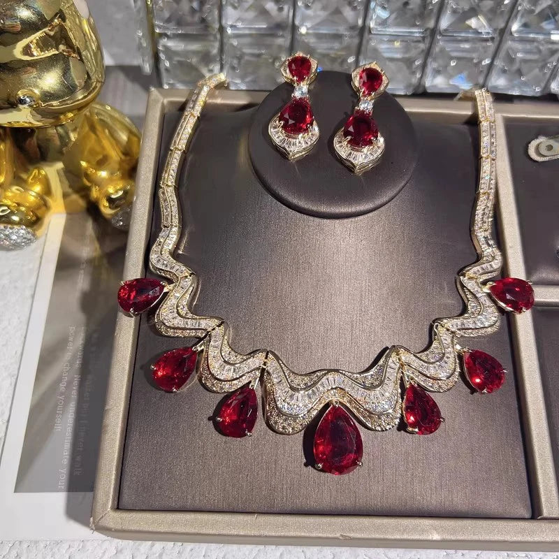 XM S211 Luxury Copper Platinum Plated Crystal Flower Necklace and Earrings Set for Women High End Jewelry for Wedding Engagement