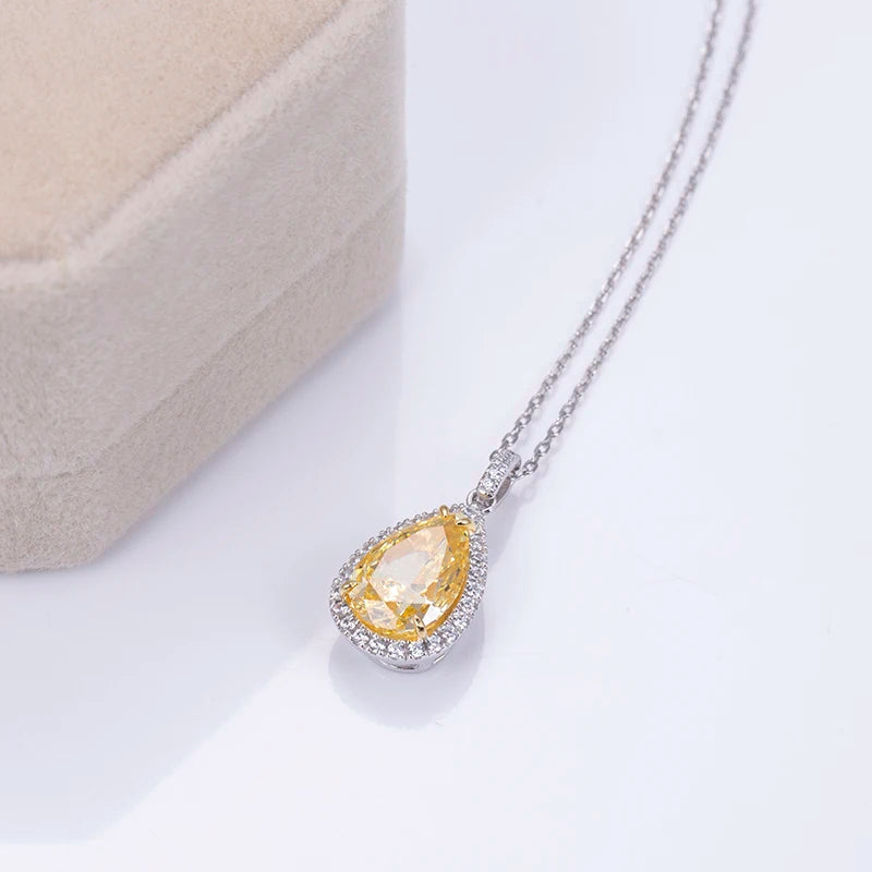 Messi Jewelry MSN-656  925 Silver Sterling Necklace  3CT Pear Drop Bright Yellow Carbon CZ Diamond Solid Pendant Necklace