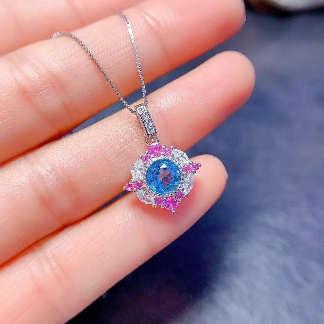 Natural Swiss Topaz Jewelry Set 925 Sterling Silver Round Cut Necklace Ring Earrings November Birthstone Bridal Gift for Her