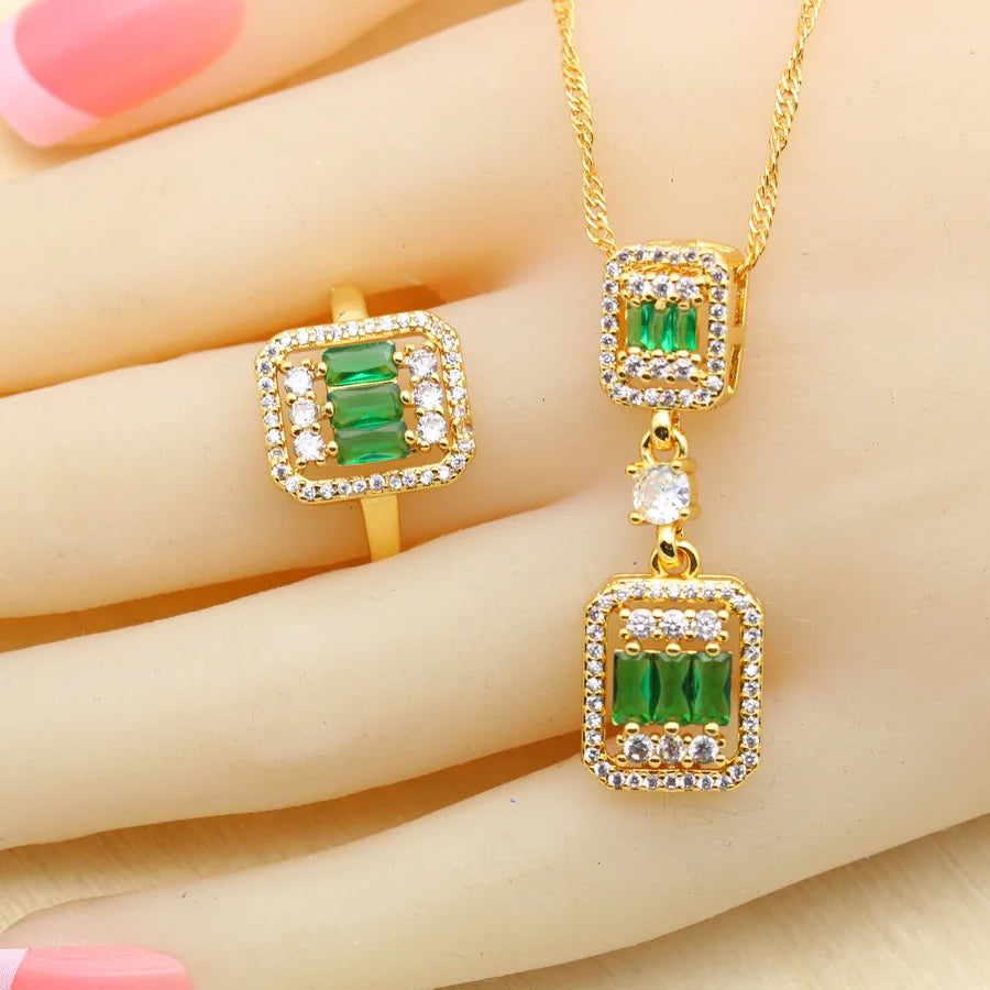 XOTICA 18K Gold Plated Green Zirconia Jewellery Set for Women Includes Earrings Ring Pendent Necklace for Weddings and Parties