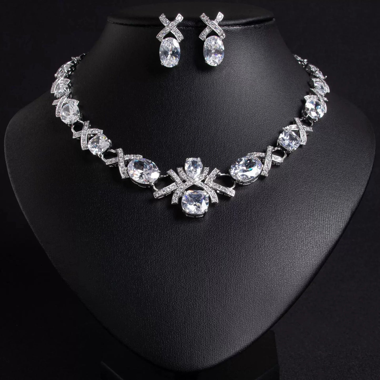XM S299 Gold Plated Oval Cut Zircon Floral Statement Necklace & Earrings Bridal Set