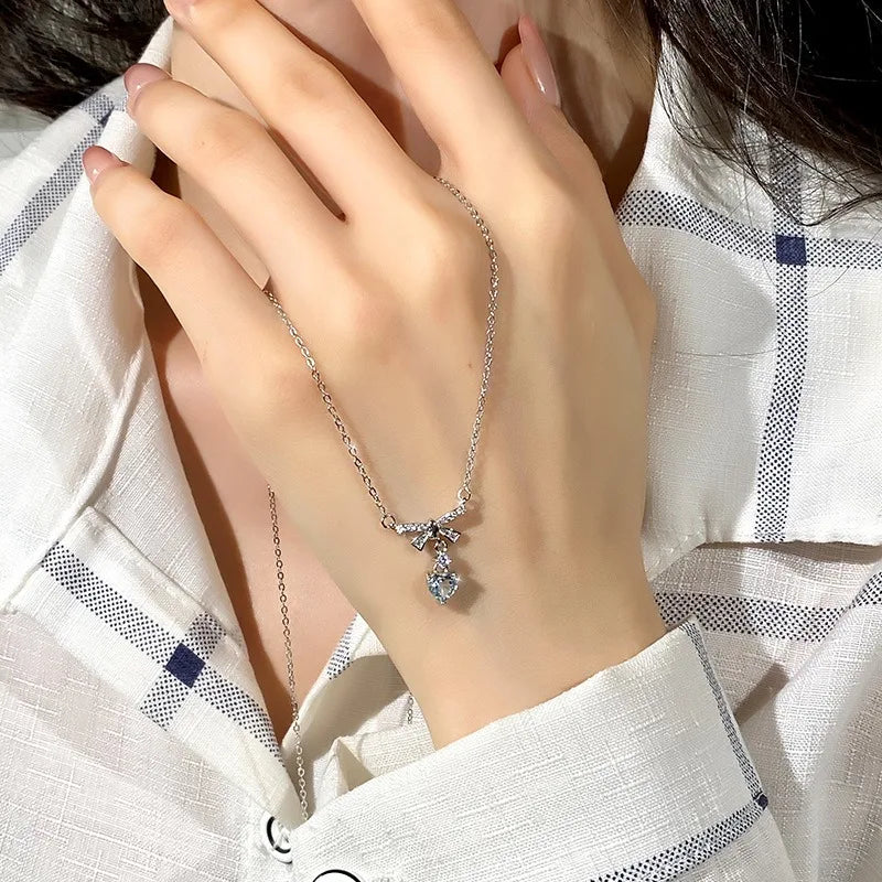 Women 925 Sterling Silver Natural Stone Garnet Necklace Engagement Wedding Bow Knot Heart Pendant Chokers Jewelry Wholesale