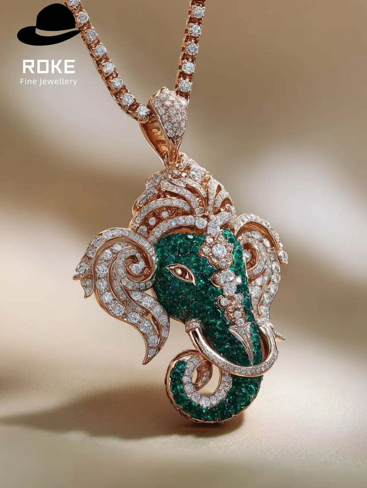 Luxury Ganesha Pendant 9K-18K Gold W/ Tsavorite & Lab Diamonds - IGI Certified Cultural Jewelry