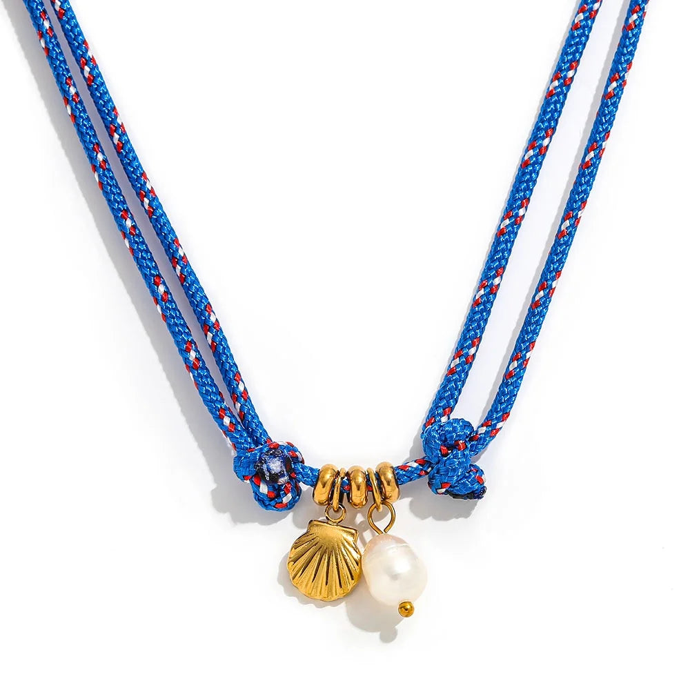 Joolim PVD Plated Wholesale Waterproof Fashion Nautical Shell Pearl Pendant Nylon Rope Chian Necklace Stainless Steel Jewelry