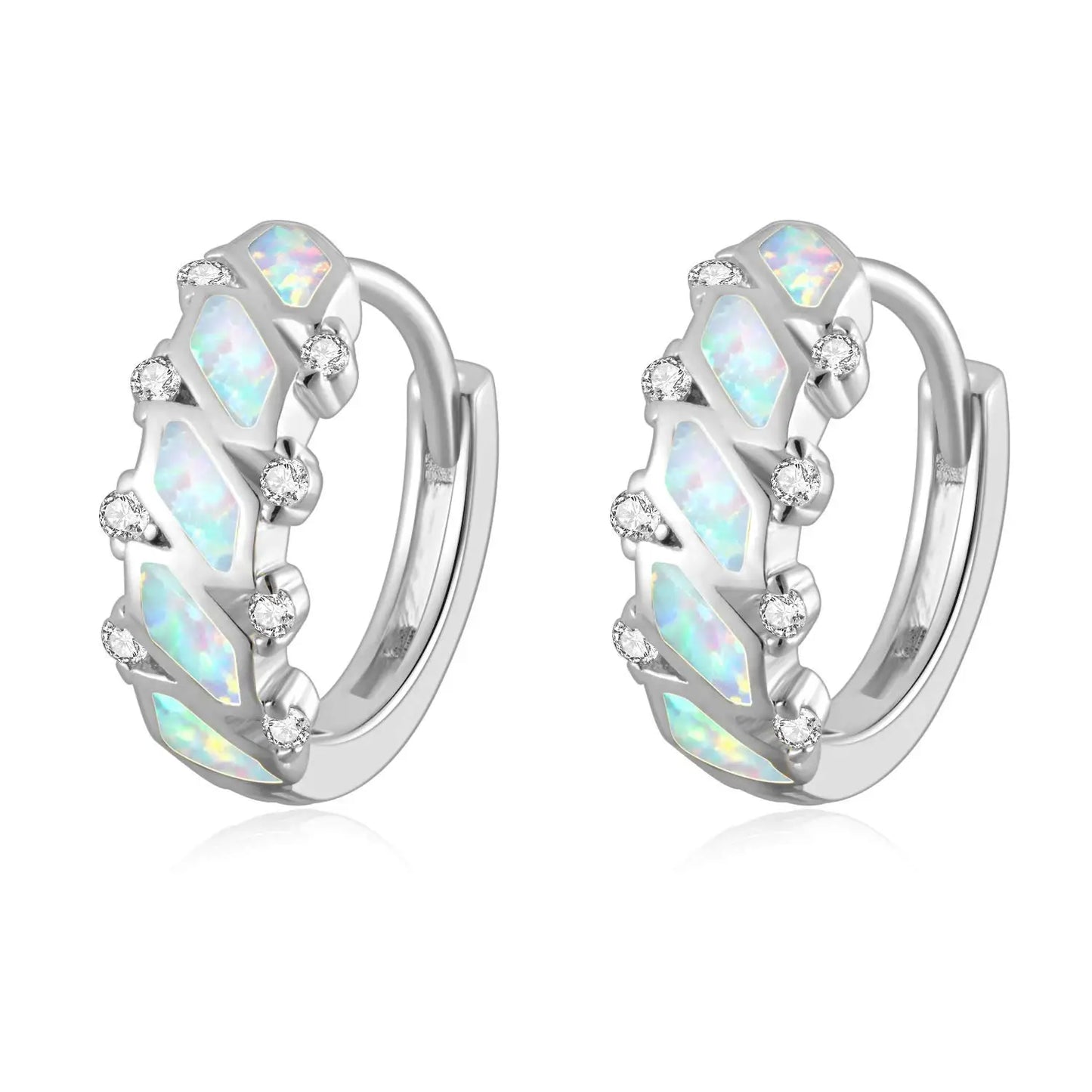 Geometric Mosaic Opal Huggie Hoops - Blue Fire Opal & CZ Accent Grid Design | Chic Daily Jewelry Bulk Gifts