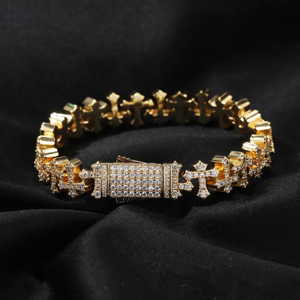 REBEL VIKING Micro Paved Zircon Cross Chain Bracelet – Gold & Silver Hip Hop