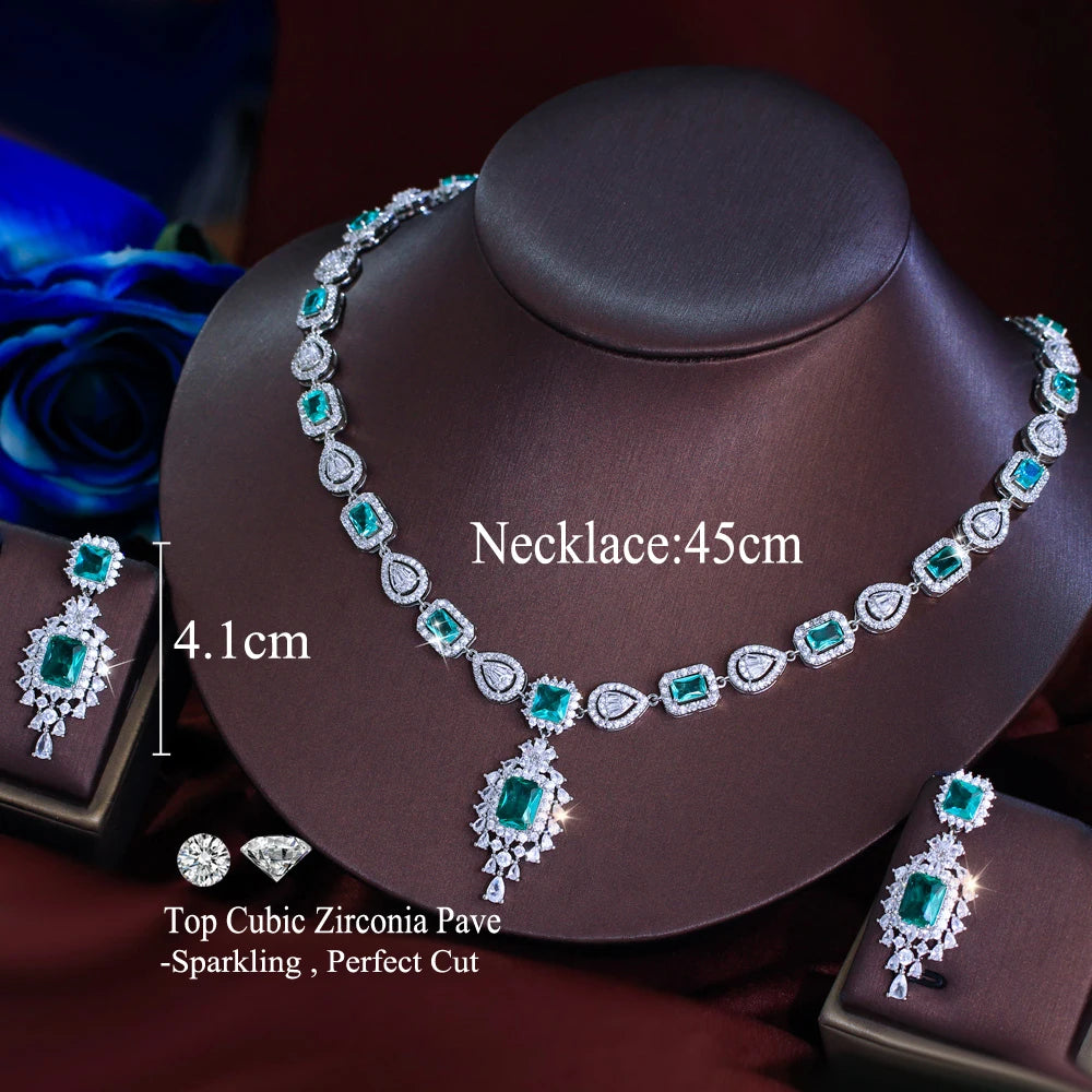 Silver Plated Light Green Square Cubic Zirconia Jewelry Set Accessories Prom Wedding Bridal Long CZ Earrings Necklace for Women
