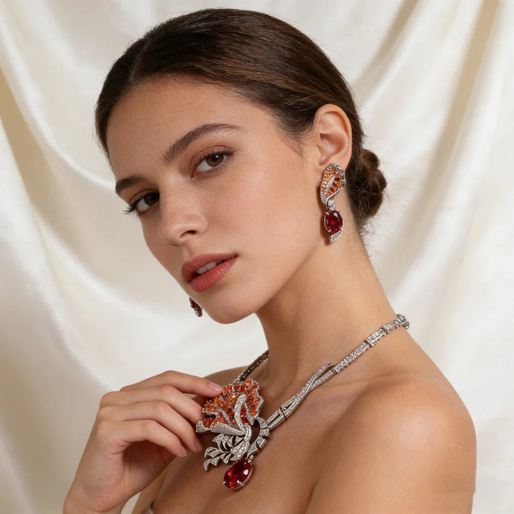 XM S18 Brass Platinum Plated Cubic Zircon Crystal White Flower Women Choker Necklace Earrings Bridal Set Wedding Dress