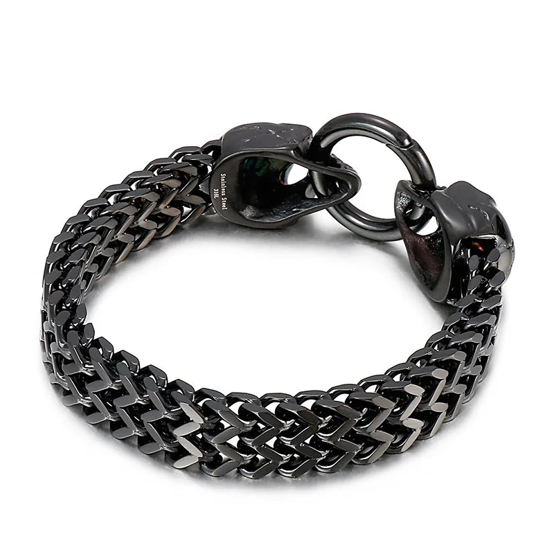 REBEL Punk Fine Jewelry Fashion Bracelets Stainless Steel Skull Charm Herringbone Links Bracelet