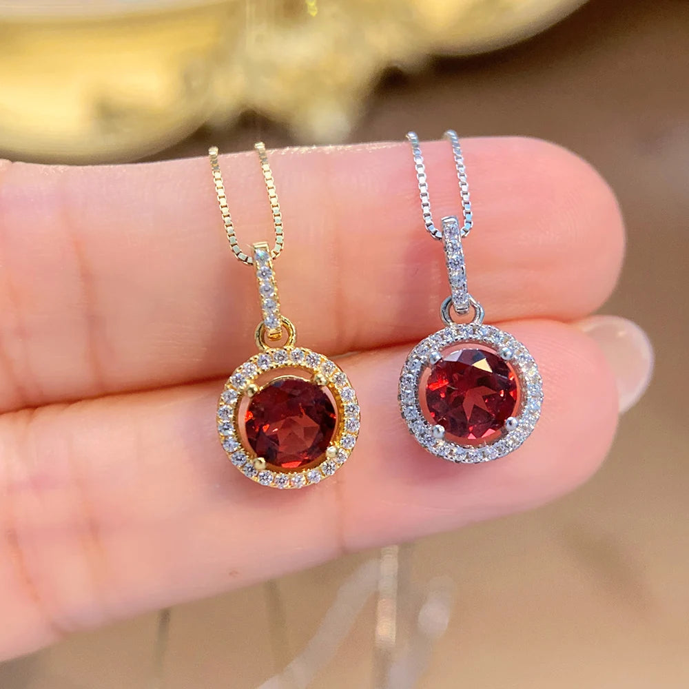 Rhodium Plated Sterling Silver Garnet Women's Trendy Gift Tiny CZ Round Pendant Necklace Wholesale