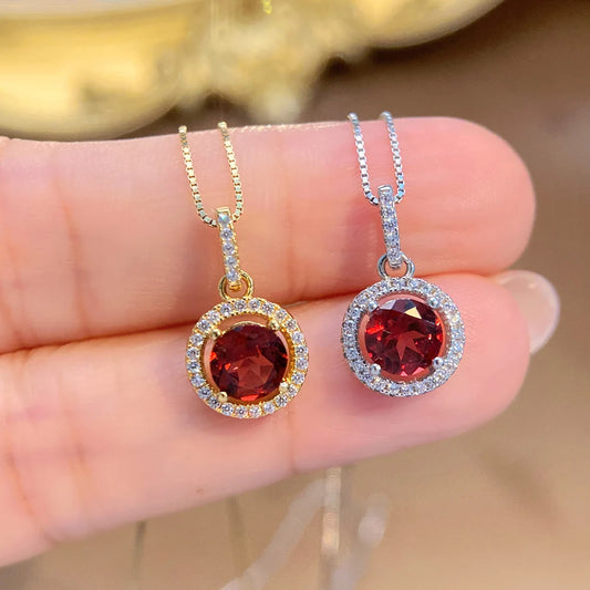Rhodium Plated Sterling Silver Garnet Women's Trendy Gift Tiny CZ Round Pendant Necklace Wholesale