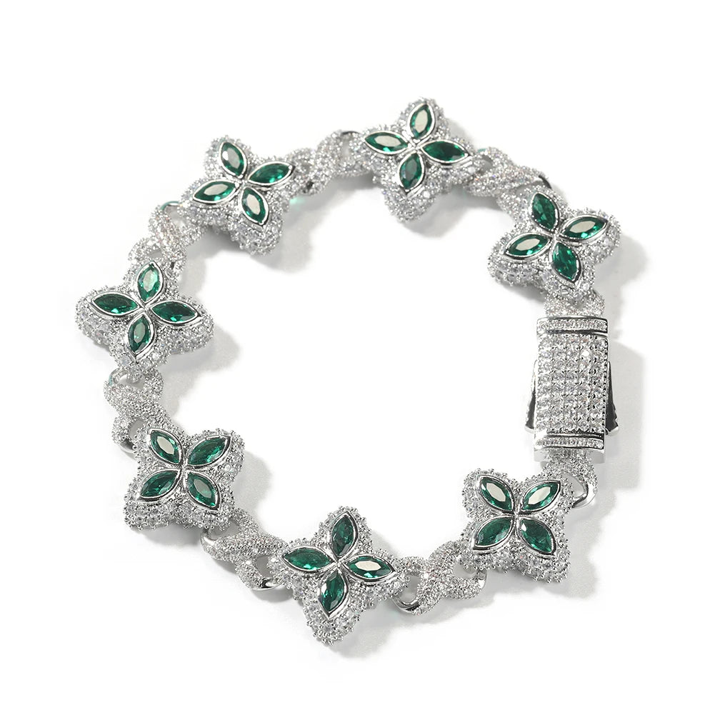 Fashion Hip Hop Jewelry 20mm Rose Gold Brass AAAAA CZ Colored Diamond Four Leaf Clover Infinity Link Bracelet