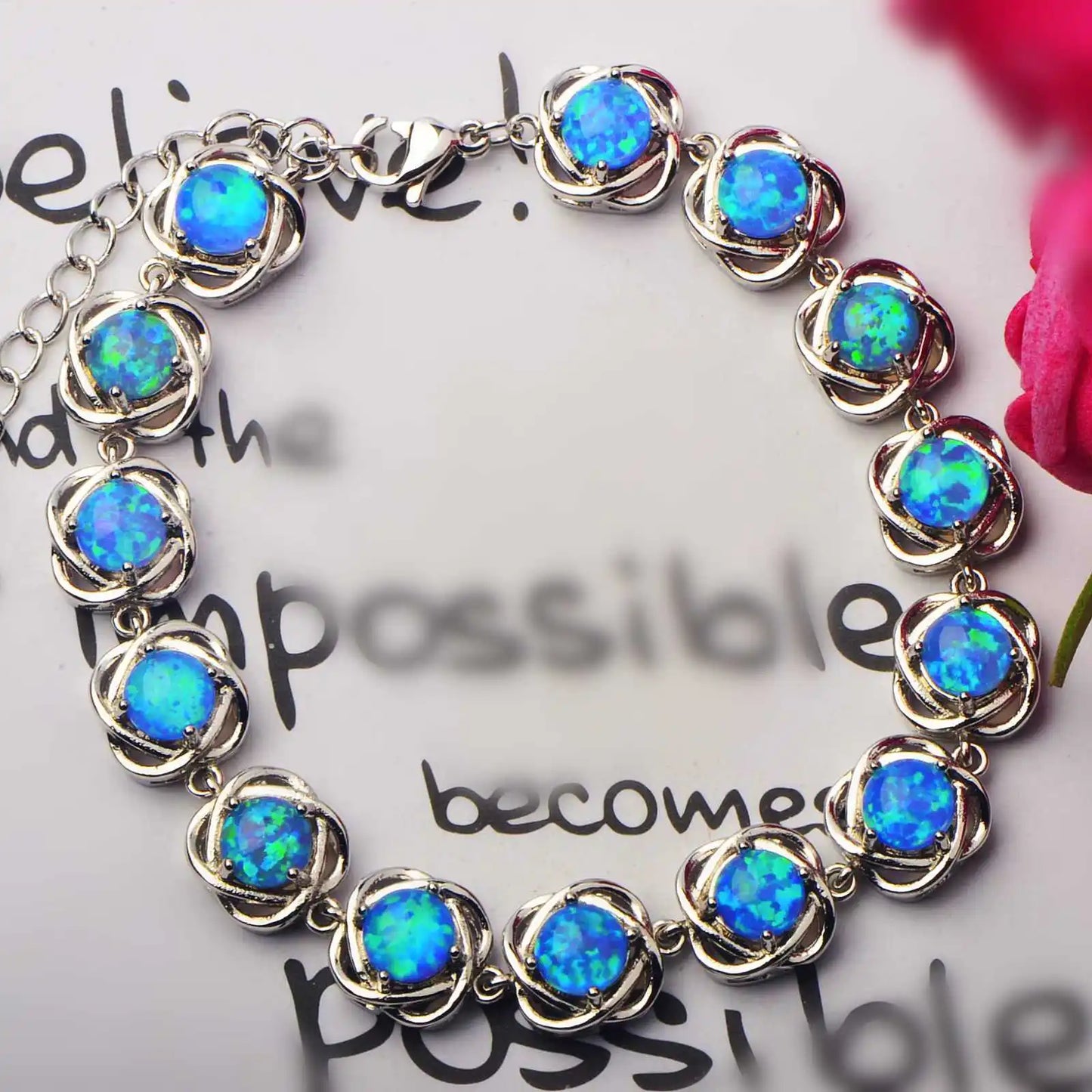Trendy Brass Beaded Opal Inlaid Christian Bracelet Hawaiian Style Egg & Flower Design Silver Plated Fashion Accessories Bulk