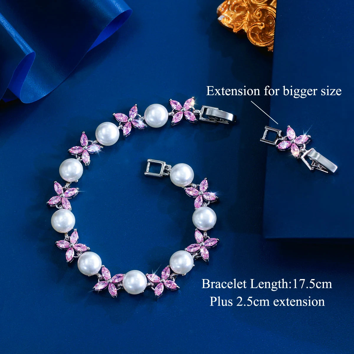 S&S CZ Flower & Leaf Chain Link Bracelet – Pink, Green & White – Collection