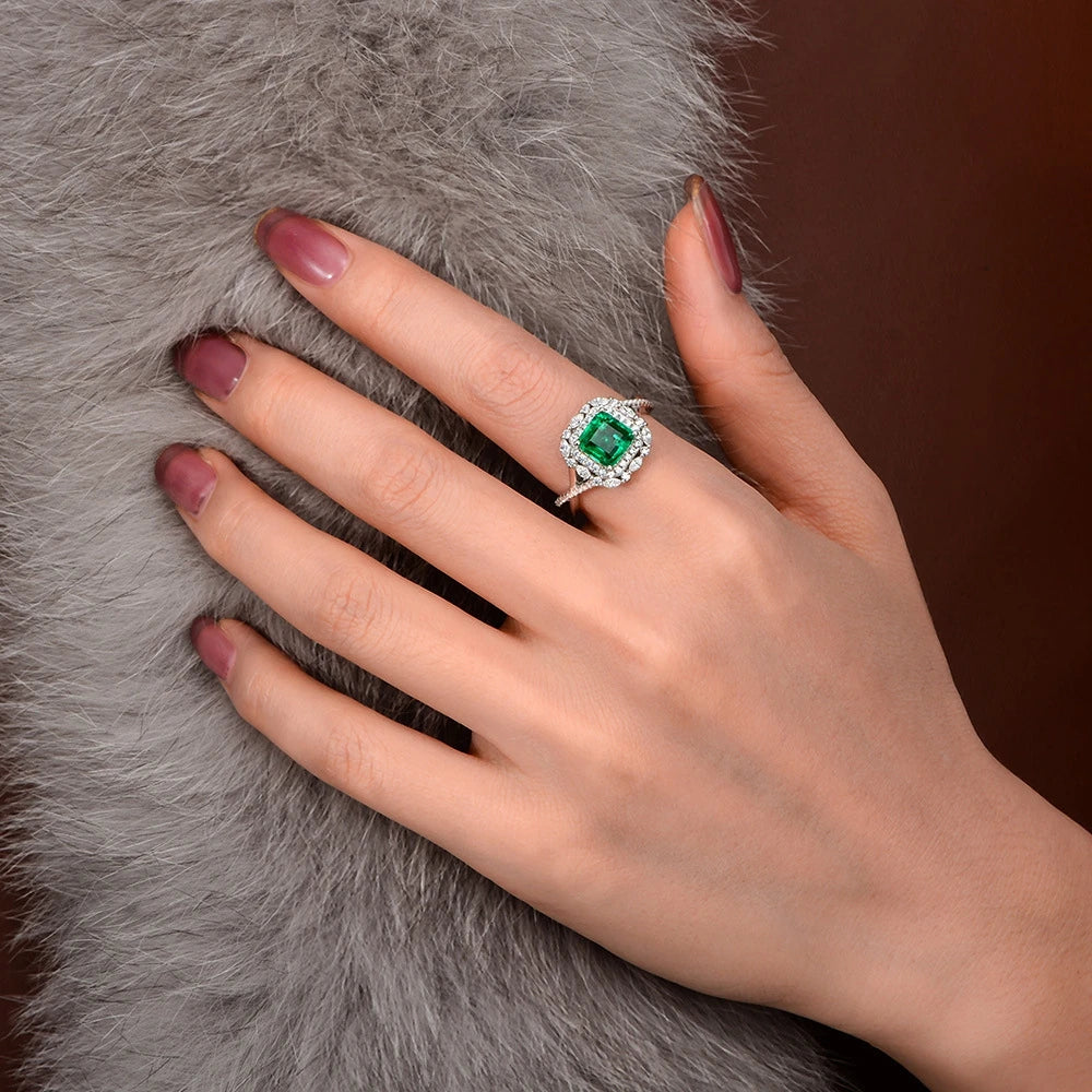 MuShan Jewelry Factory Pure Silver 2ct Synthetic Emerald 7*7 Diamond Ring European and American High Carbon Diamond Ring