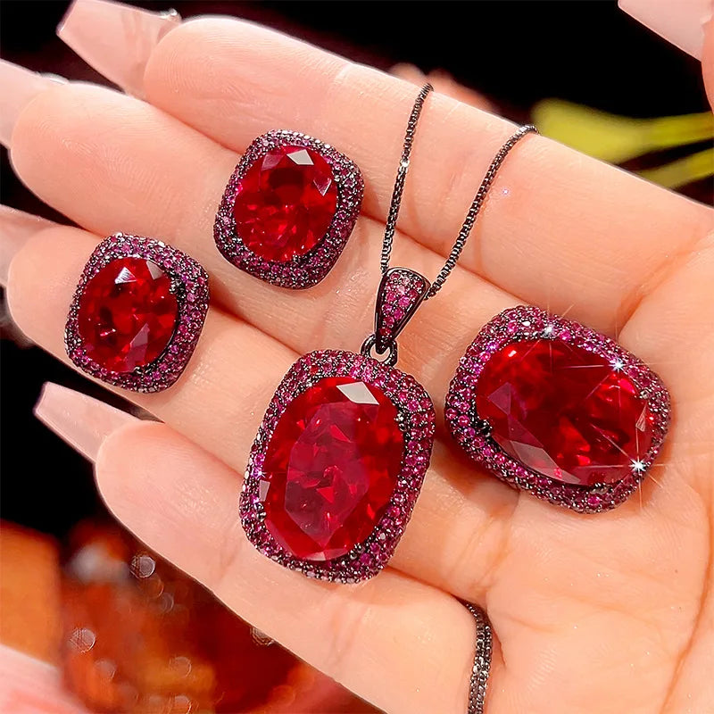 Gemfiori New Hot Selling High-quality Jewelry Copper Gold-plated Simulation Red Corundum Zircon Black Gold High-end Set Jewelry for Women