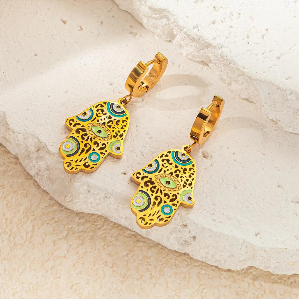 High End Trendy Stainless Steel Hand Shape Eye Necklace and Earrings Set Women's Classic Gold Jewelry Set