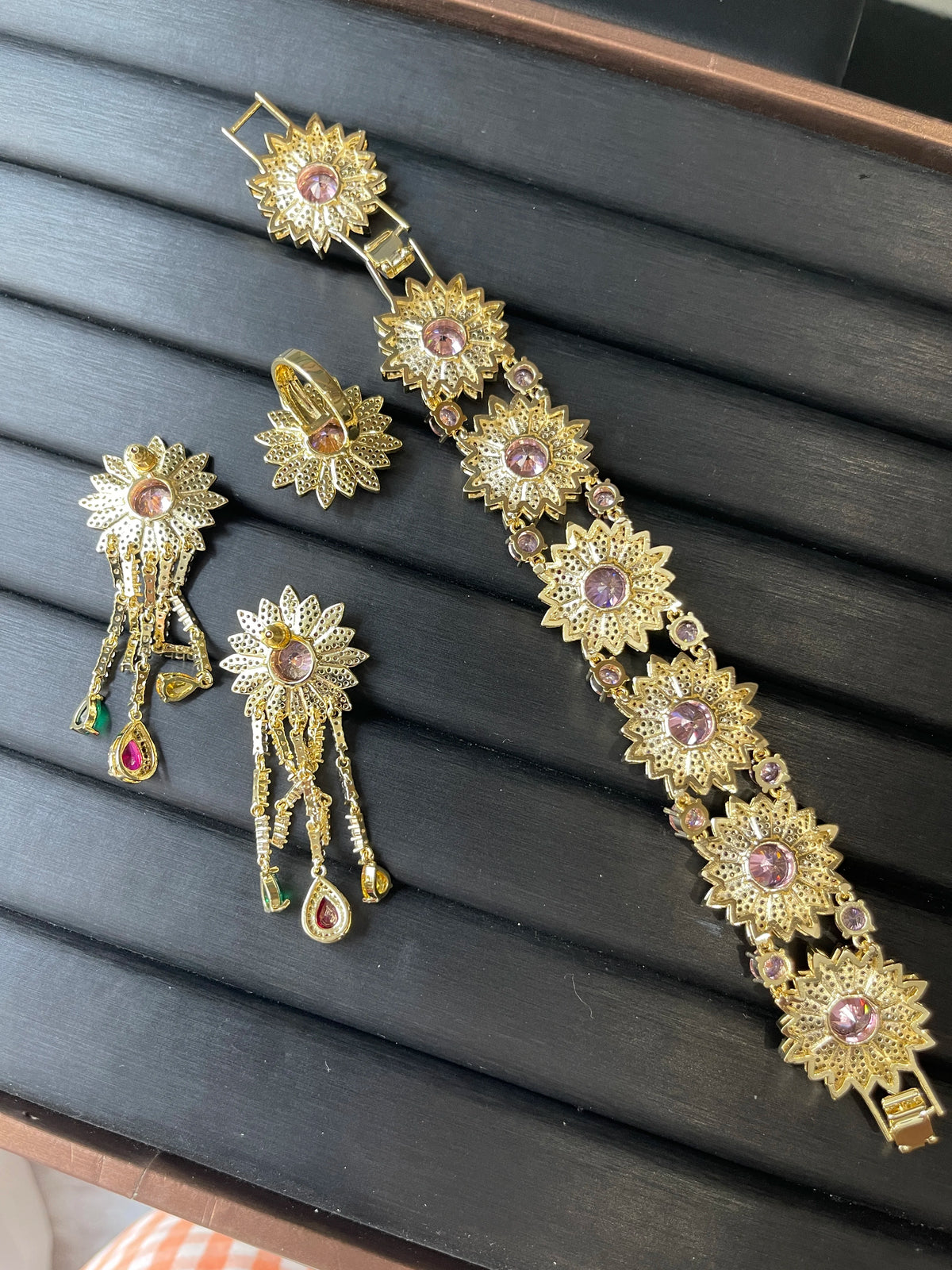Gemfiori TIANSHE Colorful Zircon Sunflower Earrings Bracelet Ring Women's Luxury Jewelry 3pcs Set for Banquet Accessories