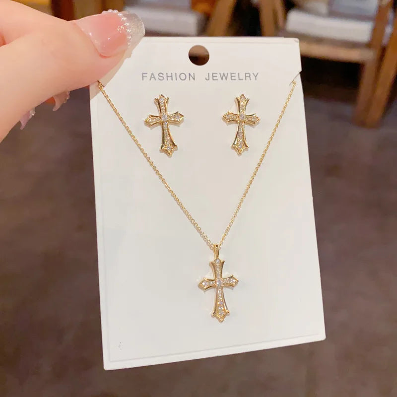 Wholesale Fashion Exquisite Cross Necklace and Earrings Set with Zircon Luxury Real Gold Plated Jewelry Set for Women