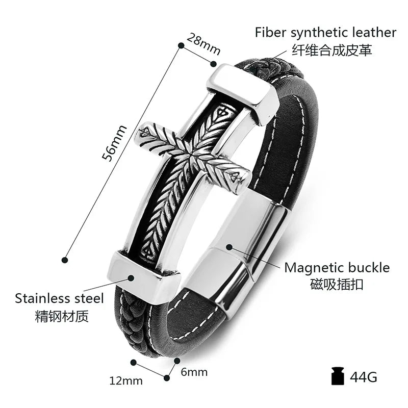 REBEL FASHIONISTA Hot Sale Male Magnetic Pattern Cross Style Stainless Steel Accessories Double-Layer Leather Bracelet Wearing Accessories