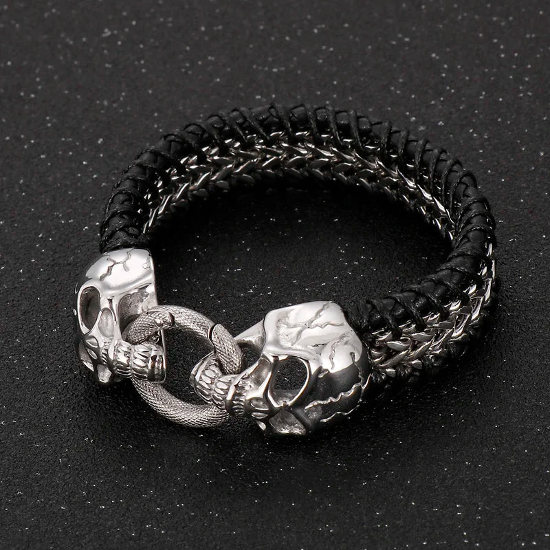 KALEN Punk Skull Fashion Jewelry Bracelets Stainless Steel Cowhide Leather Bracelet Bangle