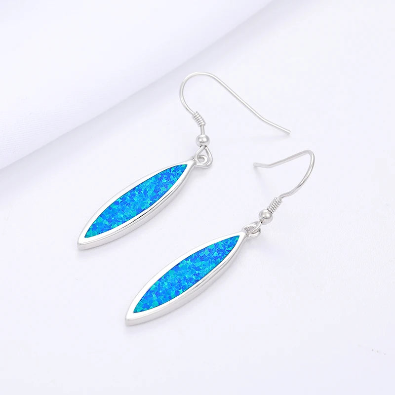 Sleek Marquise Opal Drop Earrings - Blue Fire Opal Inlaid Slim Frame Design | Minimalist Daily Jewelry Bulk Gifts
