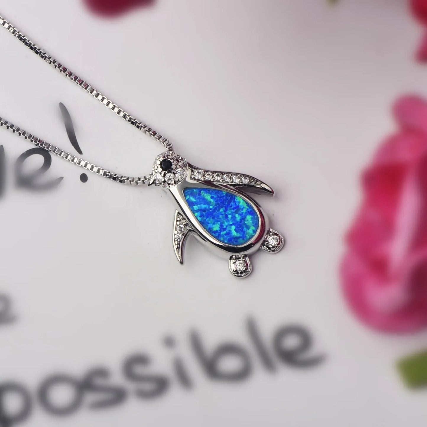 Minimalist Ins Penguin Pendant Necklace Natural Opal Inlay Fashion Jewelry Bulk