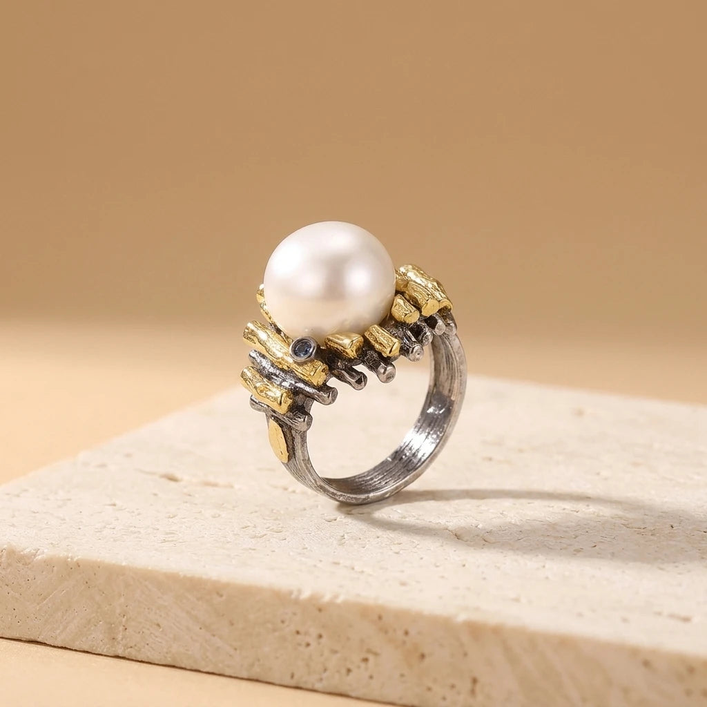 Unique 925 Sterling Silver Pearl Rhodium Jewelry Ring
