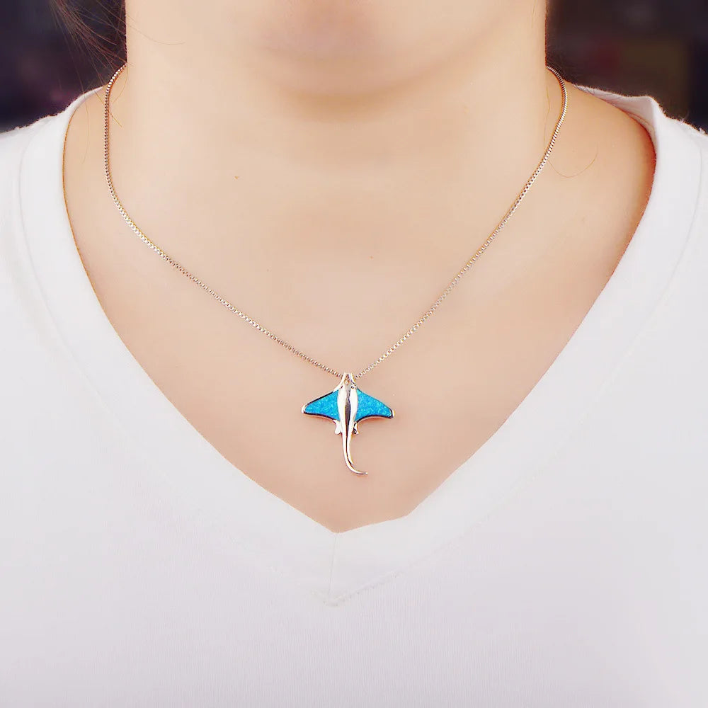 Women's European American Jewelry New Blue Fish Necklace with Manta Ray Pendant Fine Pendants