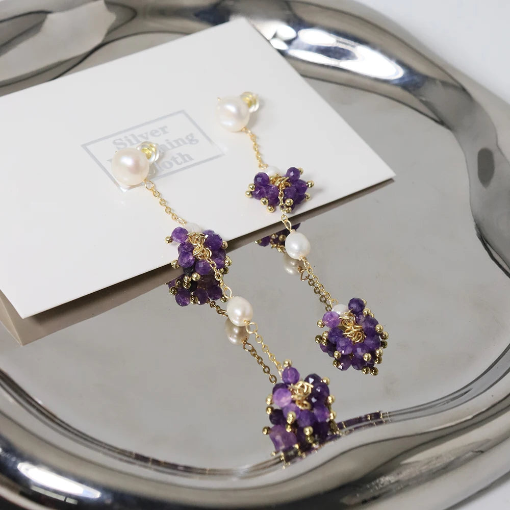 Natural Freshwater Pearl Amethyst Small Bead Long Pendant Korean Women's Luxury Jewelry Fashion Women's and Girls' Gifts GE1561