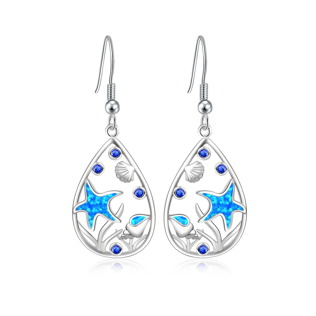 Ocean-Themed Teardrop Opal Drop Earrings - Blue Fire Opal Starfish & Shell Detail | Beach-Chic Daily Jewelry Bulk Gifts