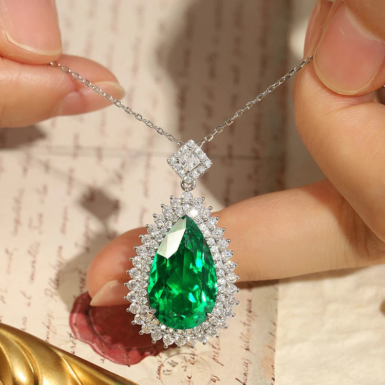 Gemfiori Light Luxury 40+5cm Adjustable 14kt 18k Solid Gold Emerald Gemstones Teardrop Necklace