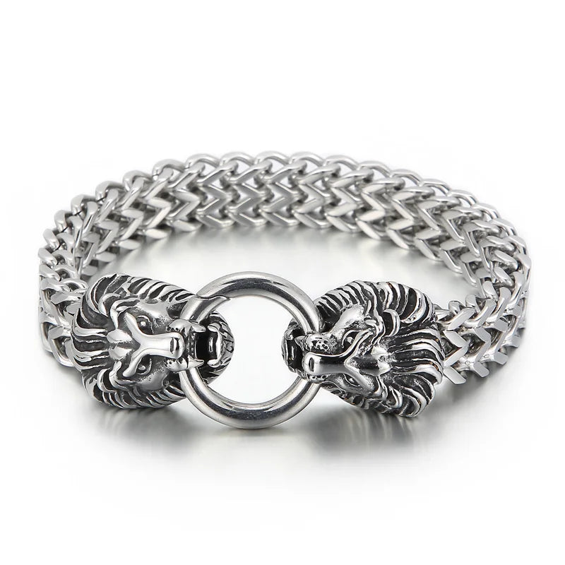 KALEN 230mm Men Punk Stainless Steel Herringbone Bracelet With Lion Head Charms Clasp