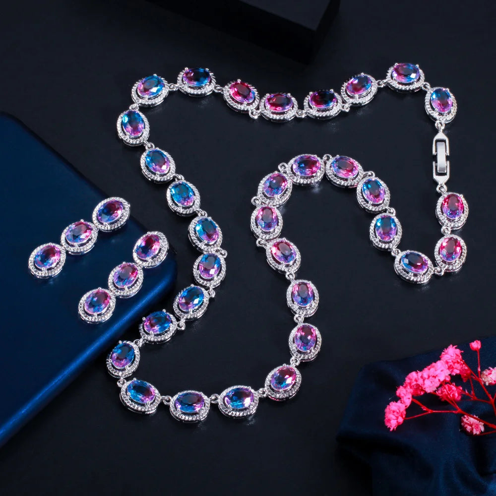 Beautiful Rainbow CZ Mystic Stone Round Drop Women Party Necklace Earrings Fashion Bridal Wedding Jewelry Sets