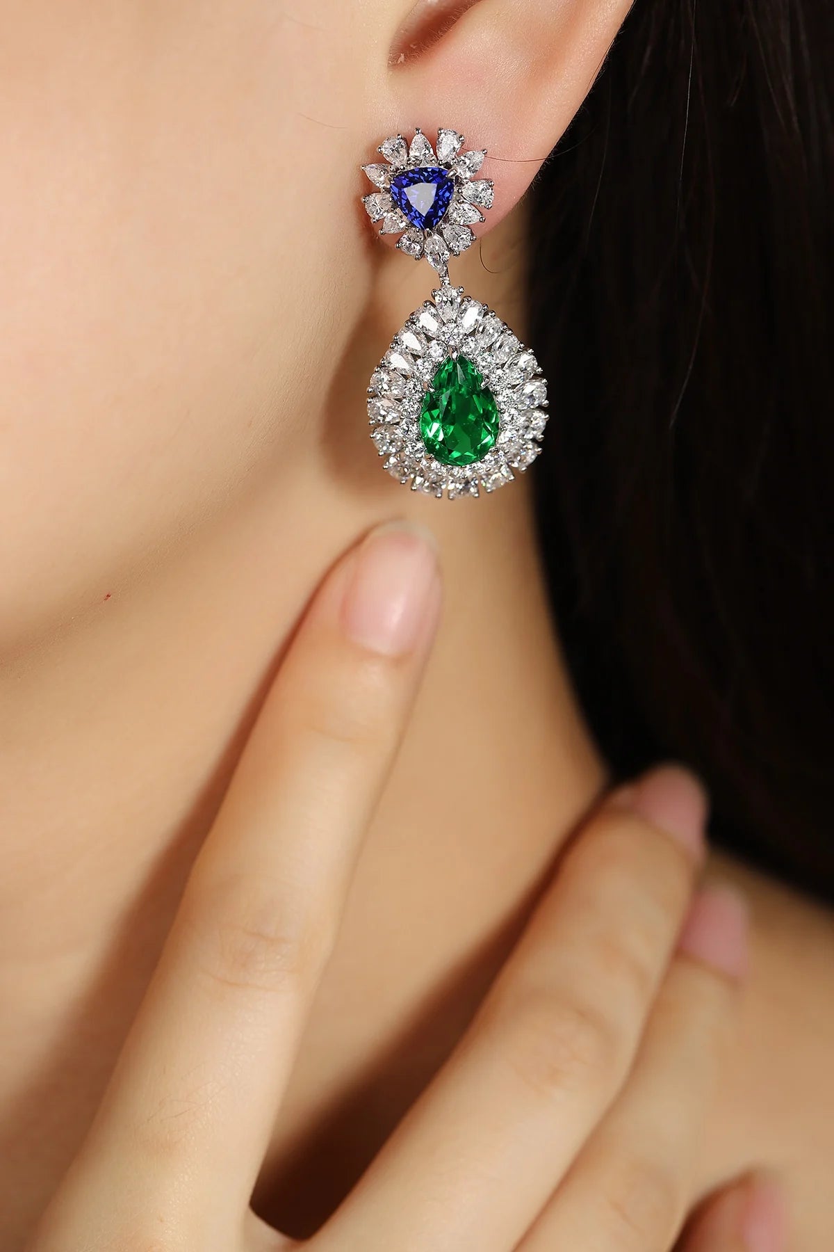 Gemfiori Zhanhao Jewelry Sterling 925 Silver Drop Earrings Rhodium Plated Pear Cut Lab Grown Paraiba Earrings for Women