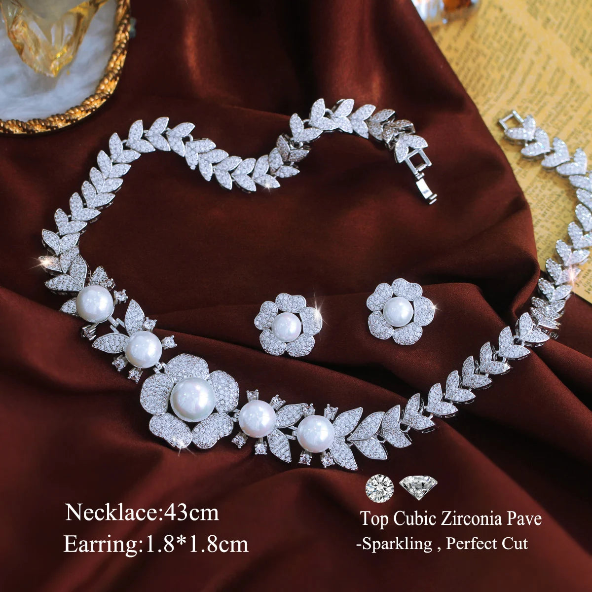 Super Luxury Wedding Bridal Necklace and Earrings Micro Pave Cubic Zircon Big Imitation Pearl Jewelry Set for Women Jewelry Gift