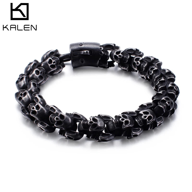 VIKING Mens Punk Big Skeleton Bracelet – Oxidized Black Stainless Steel