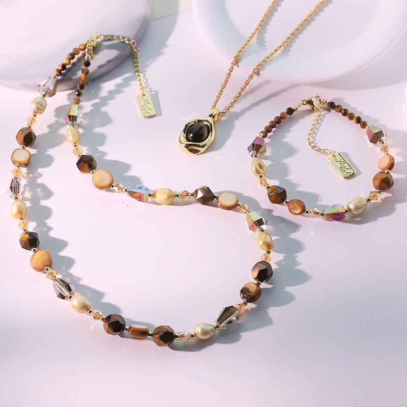 Natural Pearl Tiger Eye Stone Pendant Bracelet Set of Three New Design Creative Set for Banquet Gifts Women's Jewelry GS0219