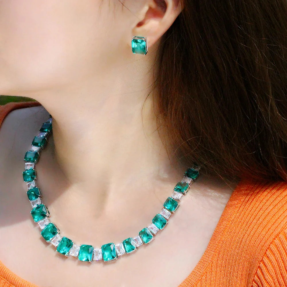 S&S Light Green CZ Square Bridal Jewellery Set – Necklace & Earrings – Collection