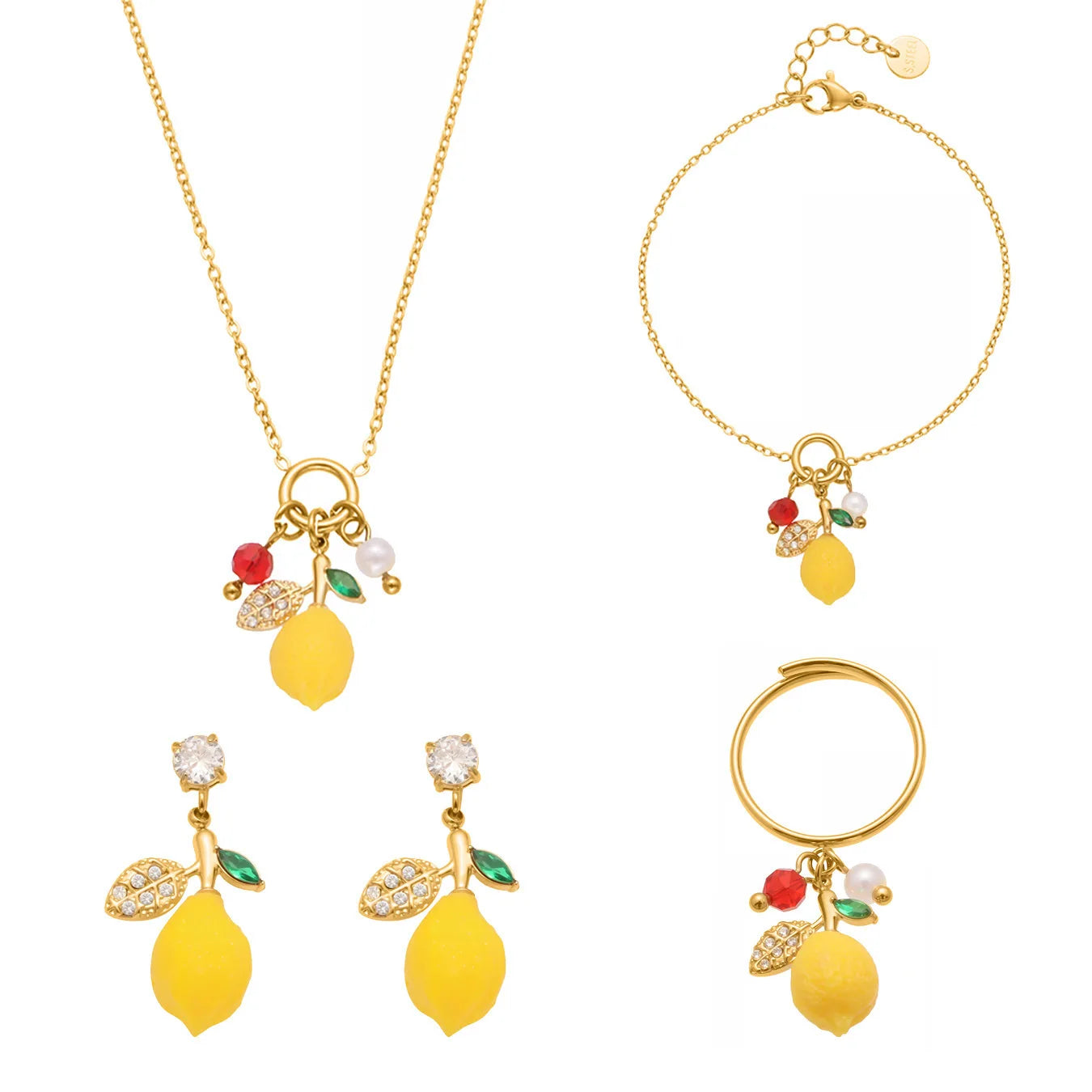 Lemon Fruit Zircon Jewellery Collection | Necklace, Earrings, Bracelet & Ring | Gold & Silver