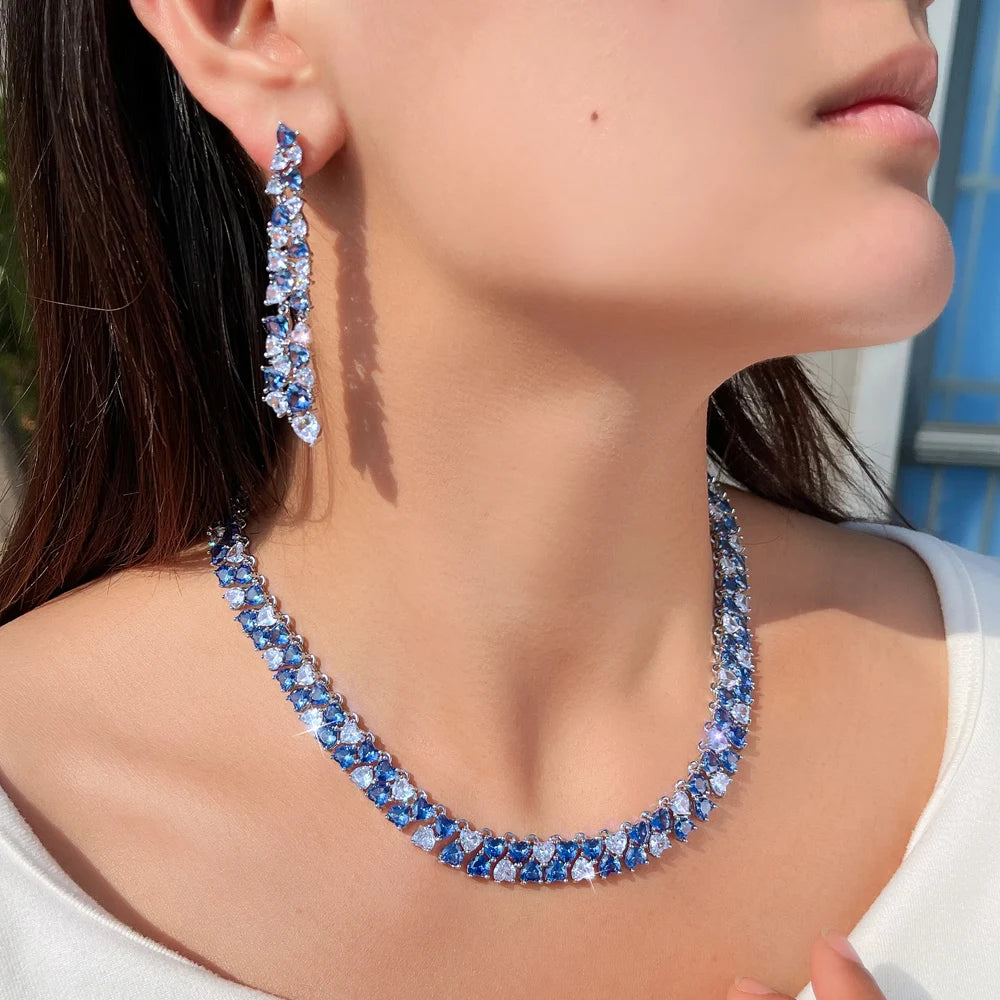 Super Luxury Necklace Earrings White Zirconia and Blue Synthetic Tanzanite Stone Jewelry Set for Women Wedding Party Jewelry