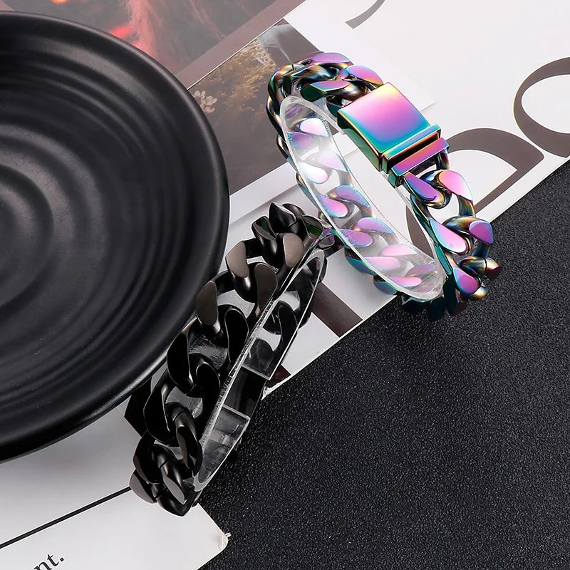 VIKING Mens Hip-Hop Cuban Link Bracelet – Silver, Gold, Black & Rainbow