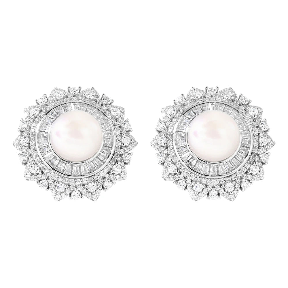 MUSHAN Jewelry Factory S925 Pearl Stud Earrings With High End Feel Electroplated White Gold Set With High Carbon Diamonds