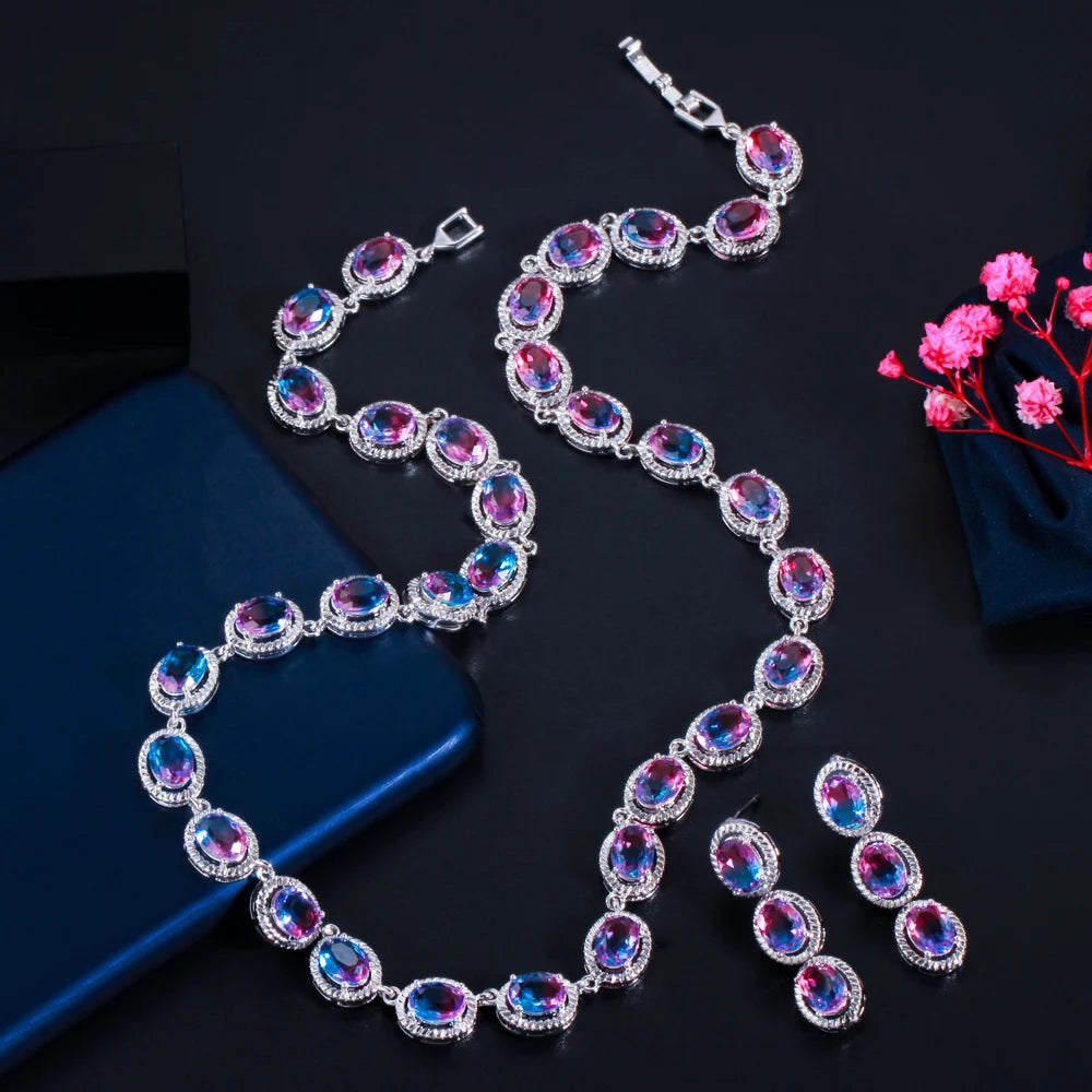 Beautiful Rainbow CZ Mystic Stone Round Drop Women Party Necklace Earrings Fashion Bridal Wedding Jewelry Sets